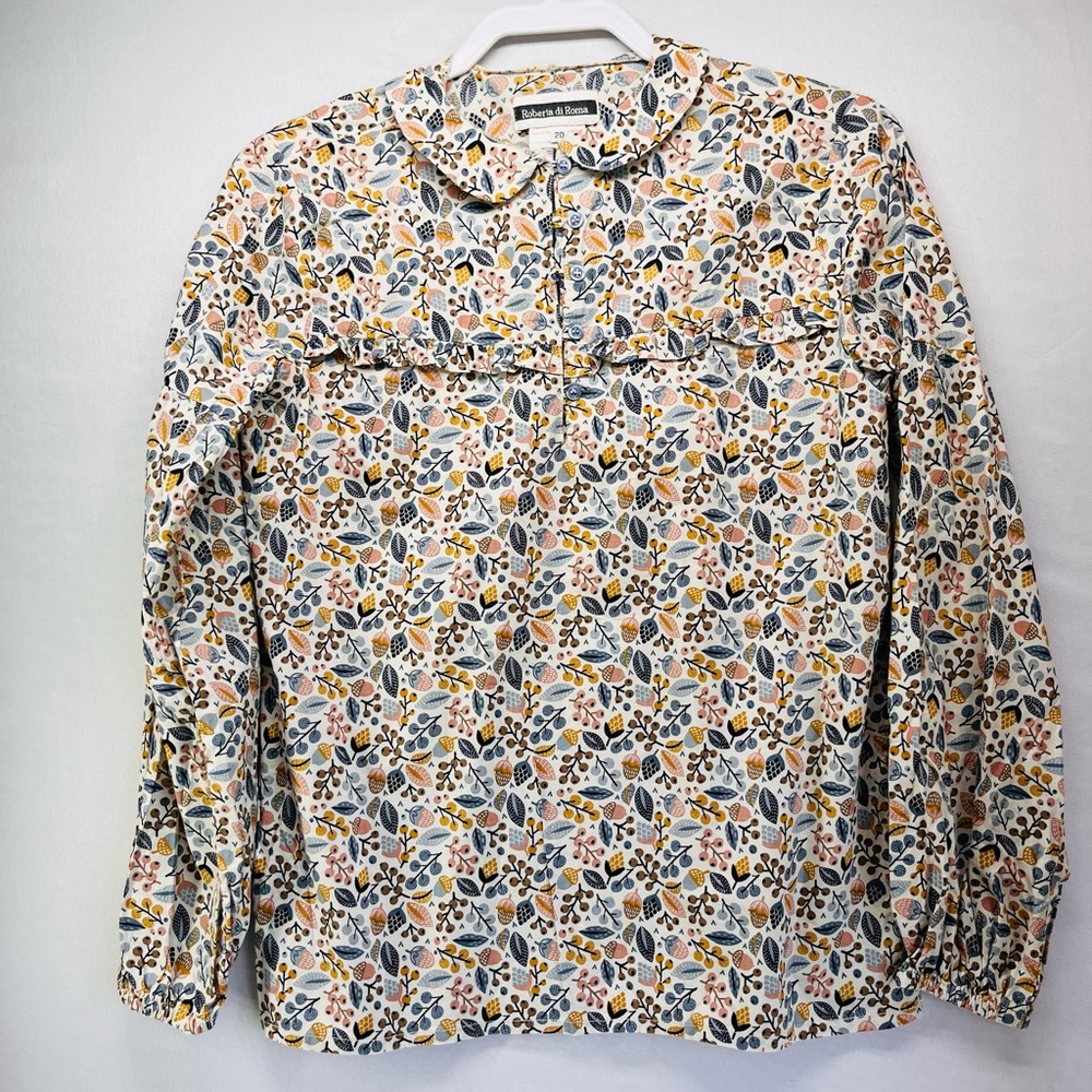 Roberta di Roma Floral Button-Front Blouse in Cream, Blue & Mustard